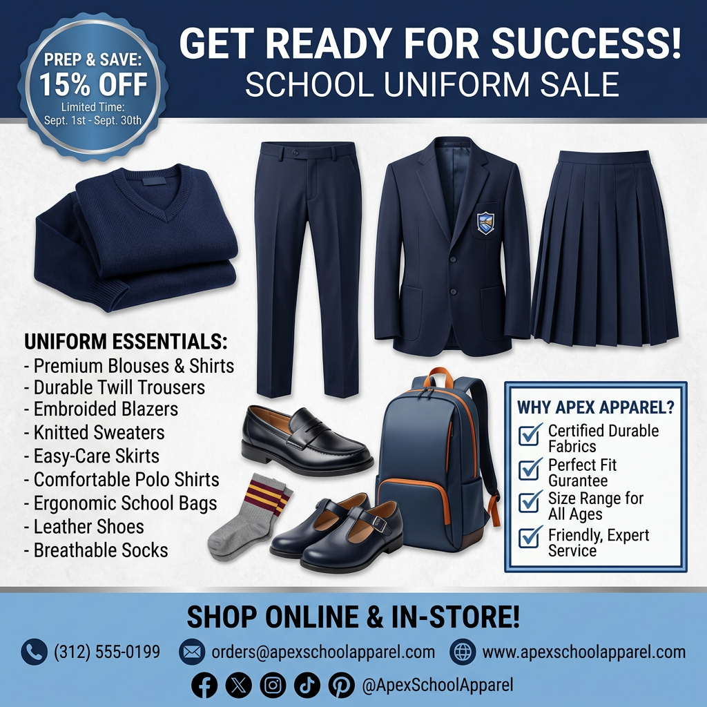 Navy school uniform flat lay with sweater, trousers, blazer, skirt, shoes and backpack next to a 15% off sale badge