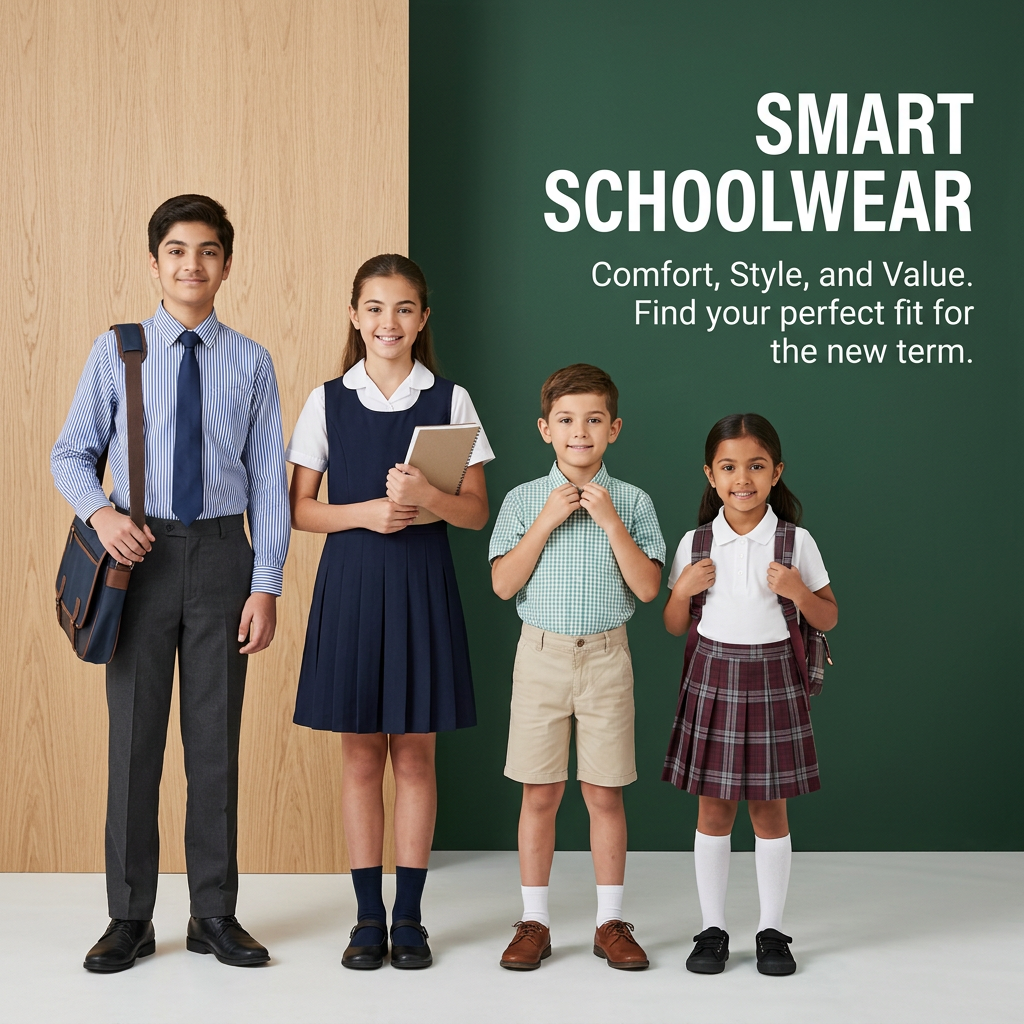 Four pupils of different ages in school uniforms standing in a row in front of a wooden and dark green wall