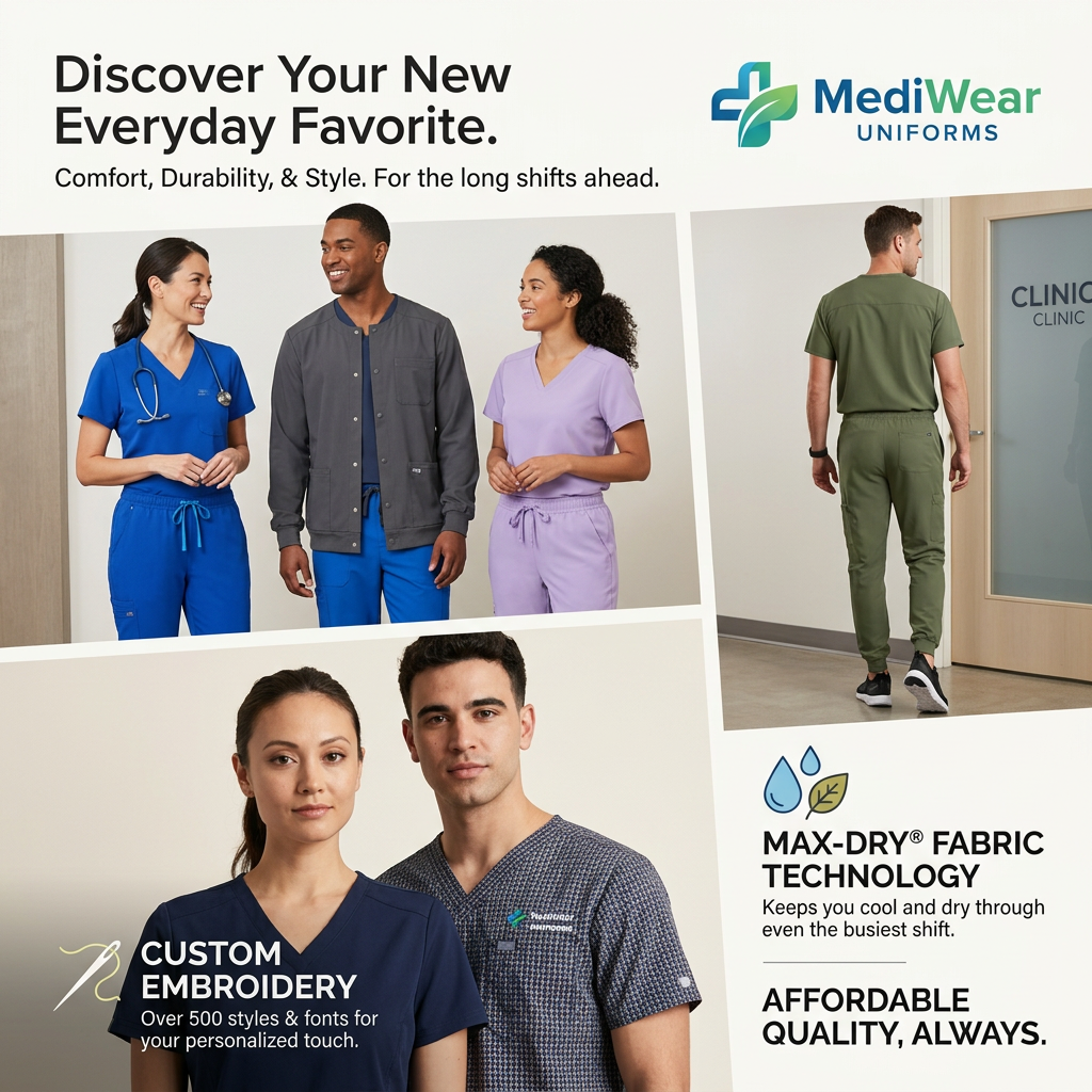 Collage of healthcare workers in blue, purple, olive and navy scrubs with callouts for custom embroidery and Max-Dry fabric