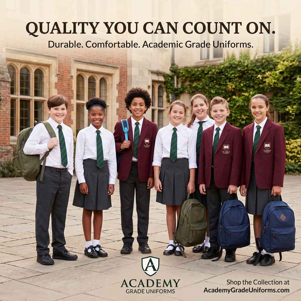Seven smiling pupils in maroon blazers, white shirts, green ties and grey skirts or trousers outside a historic brick school