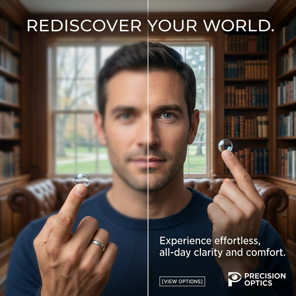 Split-screen contact lens ad: man's face blurry on the left and sharp on the right, holding a lens in a library
