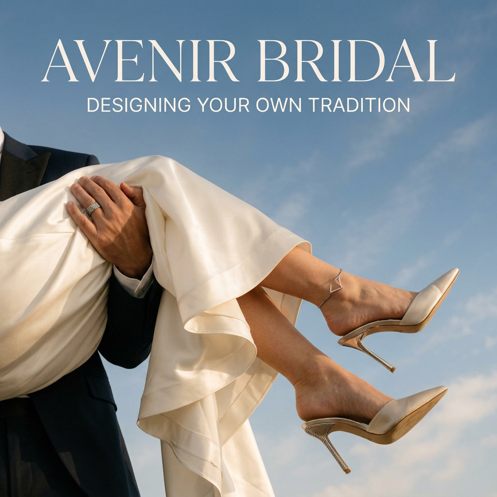 Groom carrying bride against blue sky, close-up of her silk ivory dress and champagne satin stiletto heels