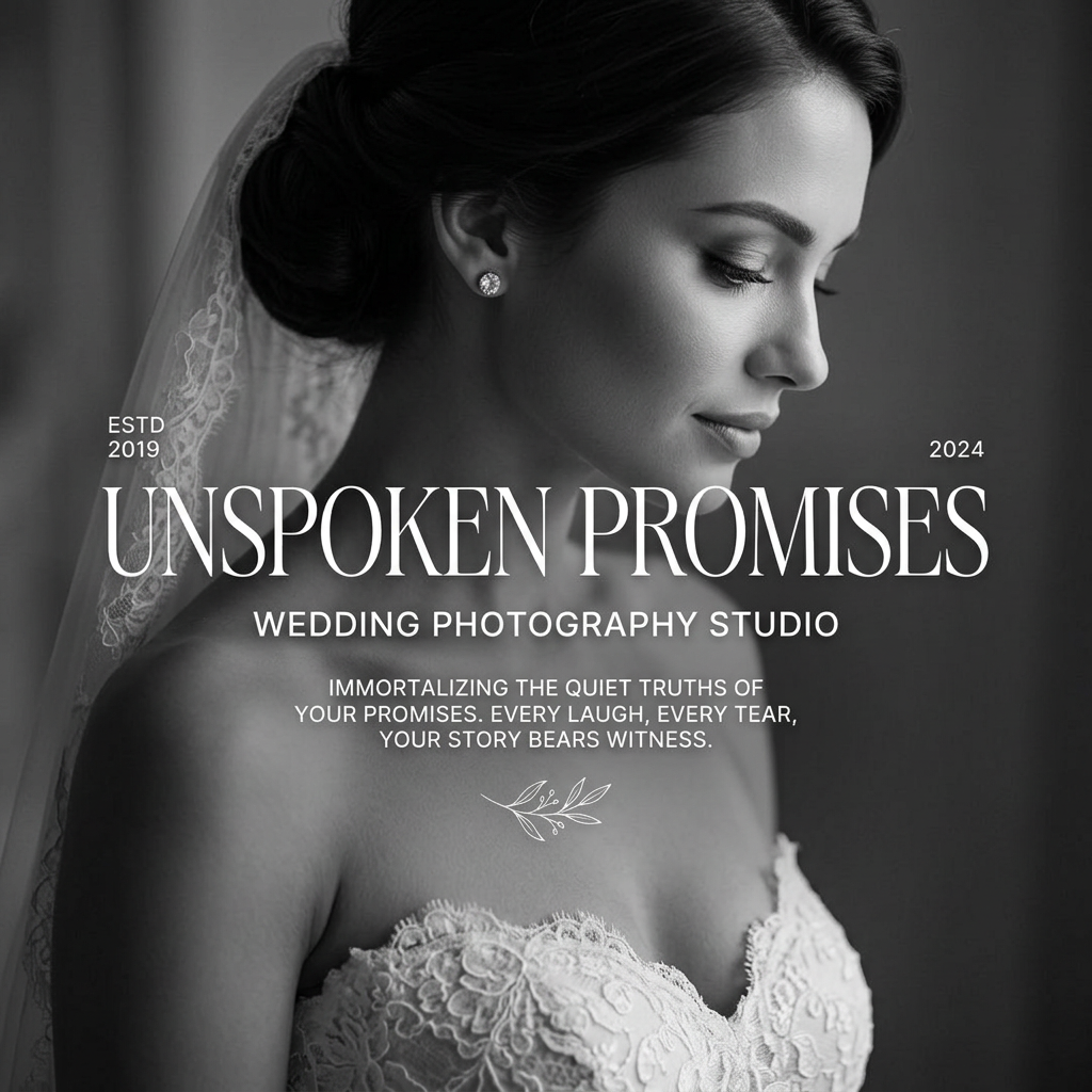 Black and white portrait of a bride in a lace strapless gown and veil, looking down, with studio name in white serif