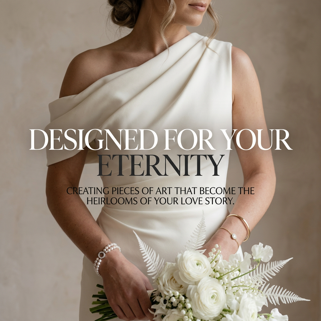 Bride in a draped one-shoulder ivory gown with pearl bracelets holding white roses and ferns against a beige wall