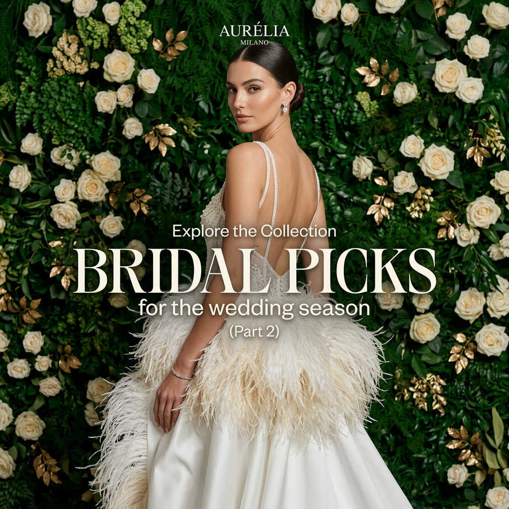 Model in backless pearl-beaded bridal gown with ostrich feather skirt, looking back over shoulder in front of white rose wall