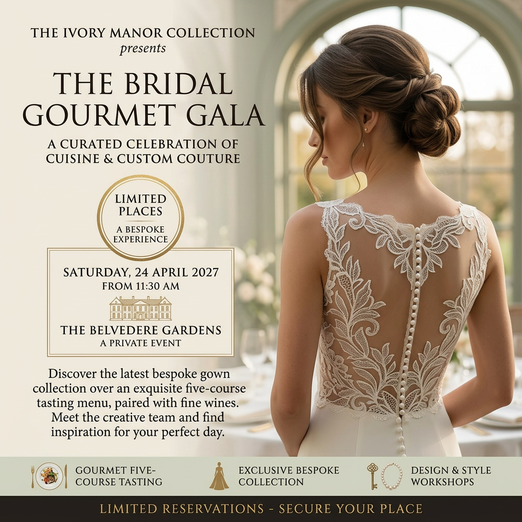 Bridal gala invitation ad with event date and venue on the left and a bride in a lace illusion-back gown on the right