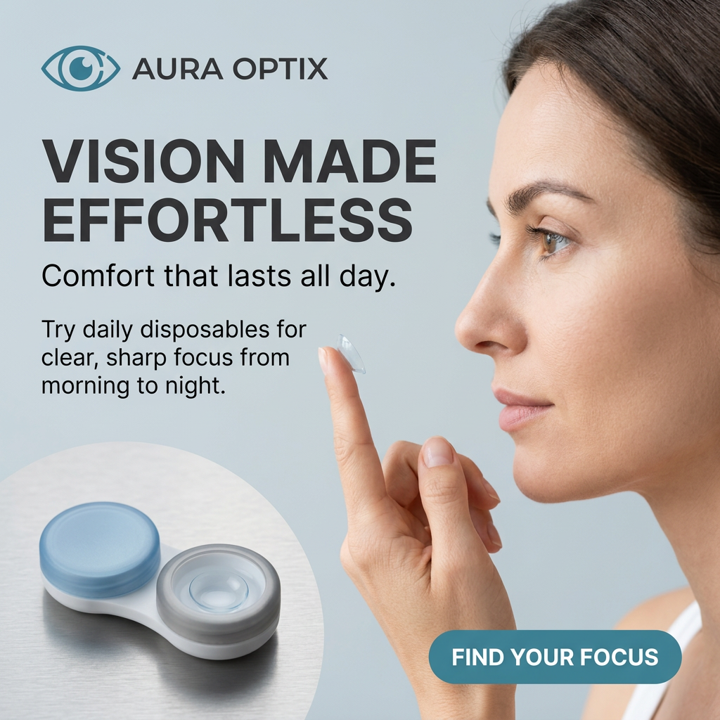 Woman in profile holding a contact lens on her fingertip, with a blue and grey lens case inset and bold headline