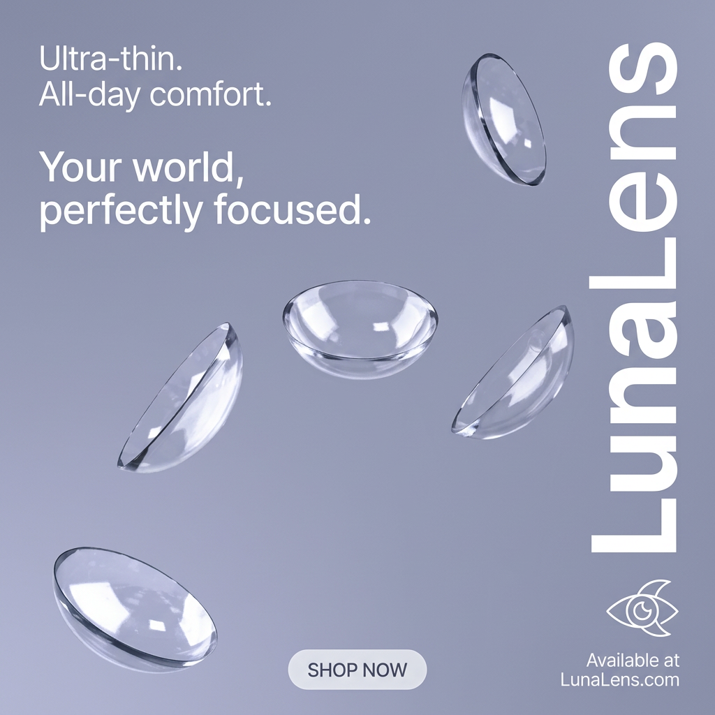 Five clear contact lenses floating at different angles on a lavender gradient with vertical LunaLens wordmark
