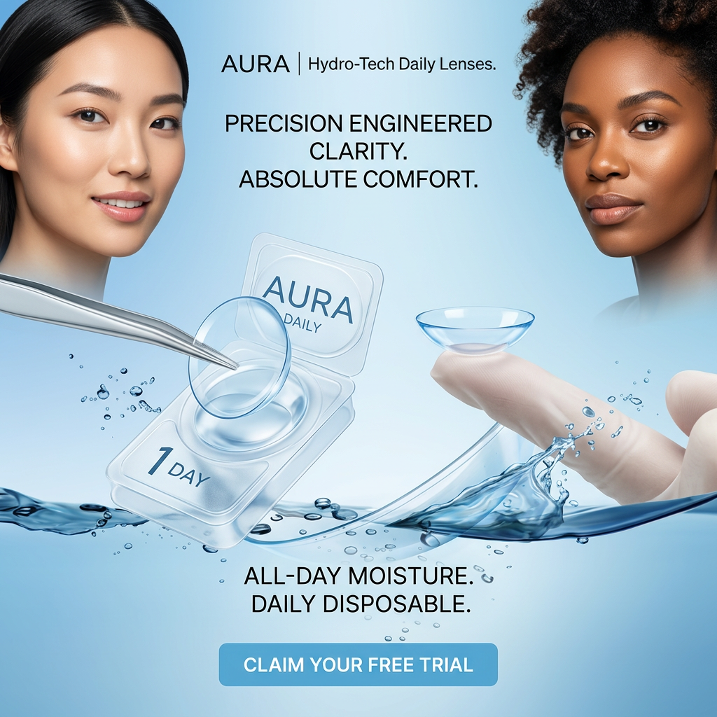Two women above a contact lens blister pack, tweezers and a lens on a fingertip with water splashes and a trial button