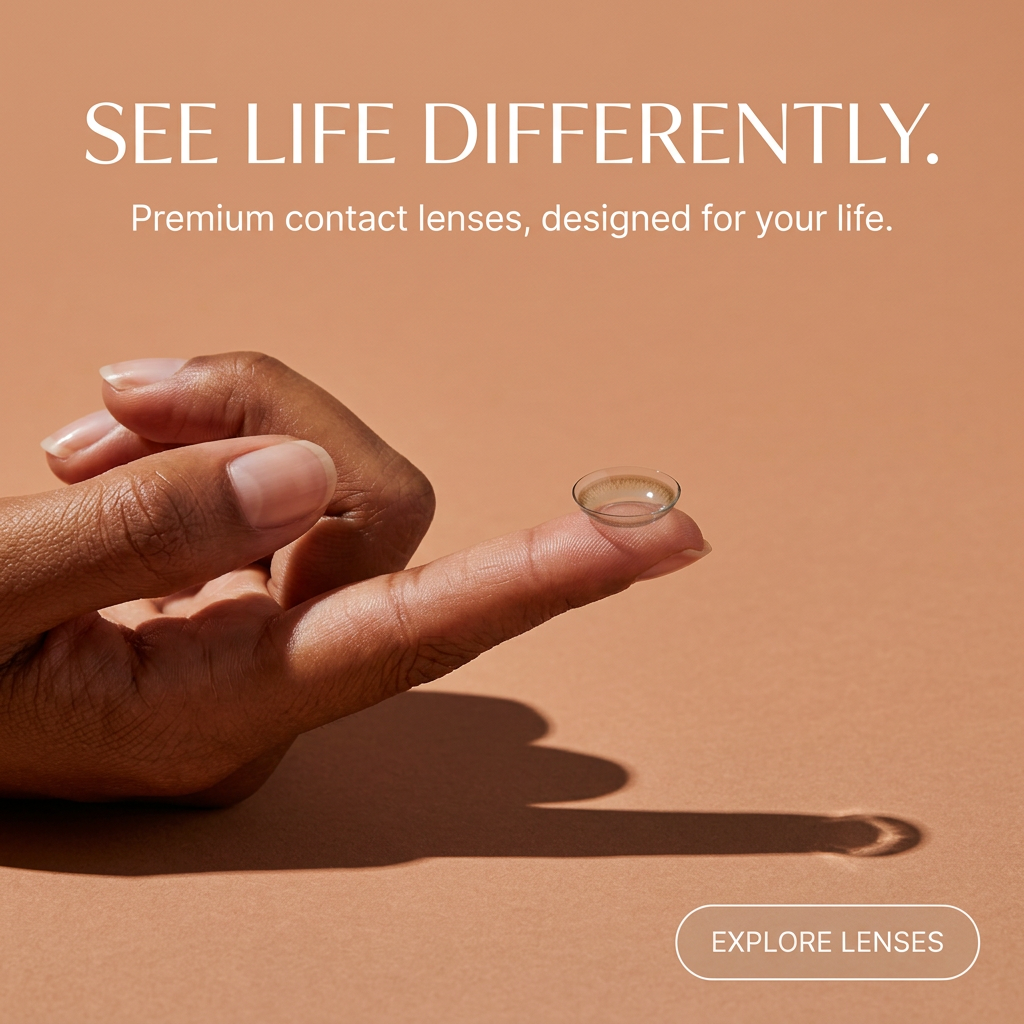 Hand with deep brown skin balancing a single contact lens on a fingertip against a terracotta background with long shadow