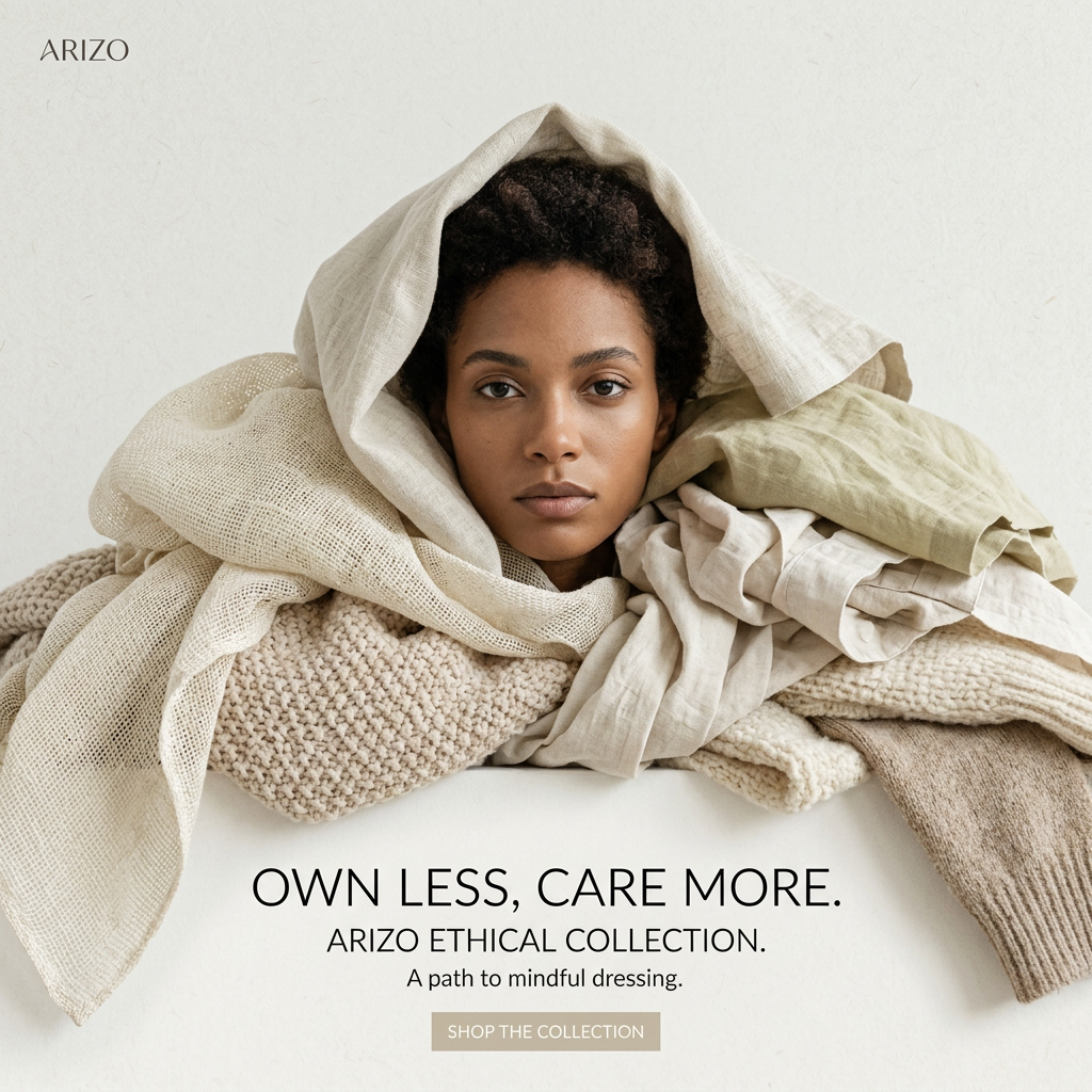 Model wrapped in beige linen and knit fabrics on a white background with the headline Own Less, Care More