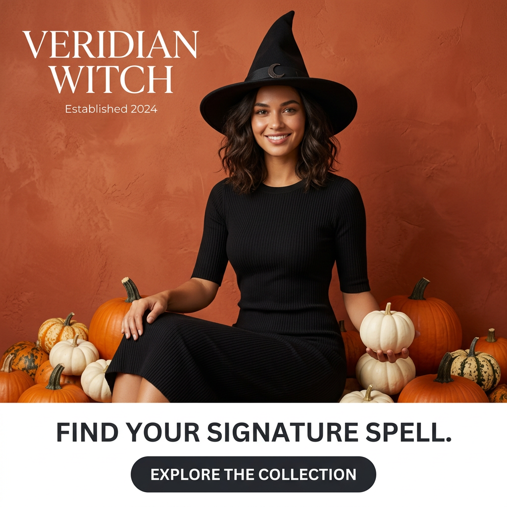 Smiling woman in a black witch hat and ribbed dress holding a white pumpkin among pumpkins on a terracotta wall
