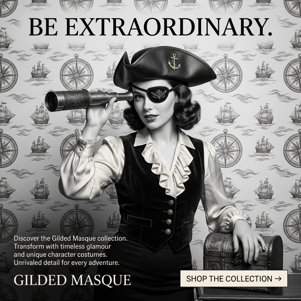 Black and white photo of a woman in a pirate tricorn hat and eye patch holding a spyglass in front of nautical wallpaper