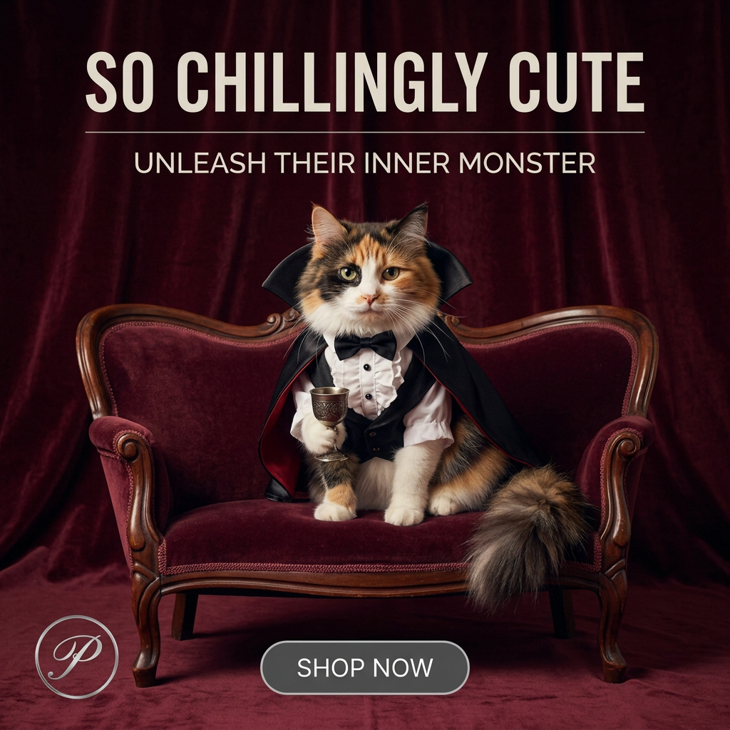 Calico cat in a vampire cape, ruffled shirt and bow tie holding a goblet on a red velvet antique sofa