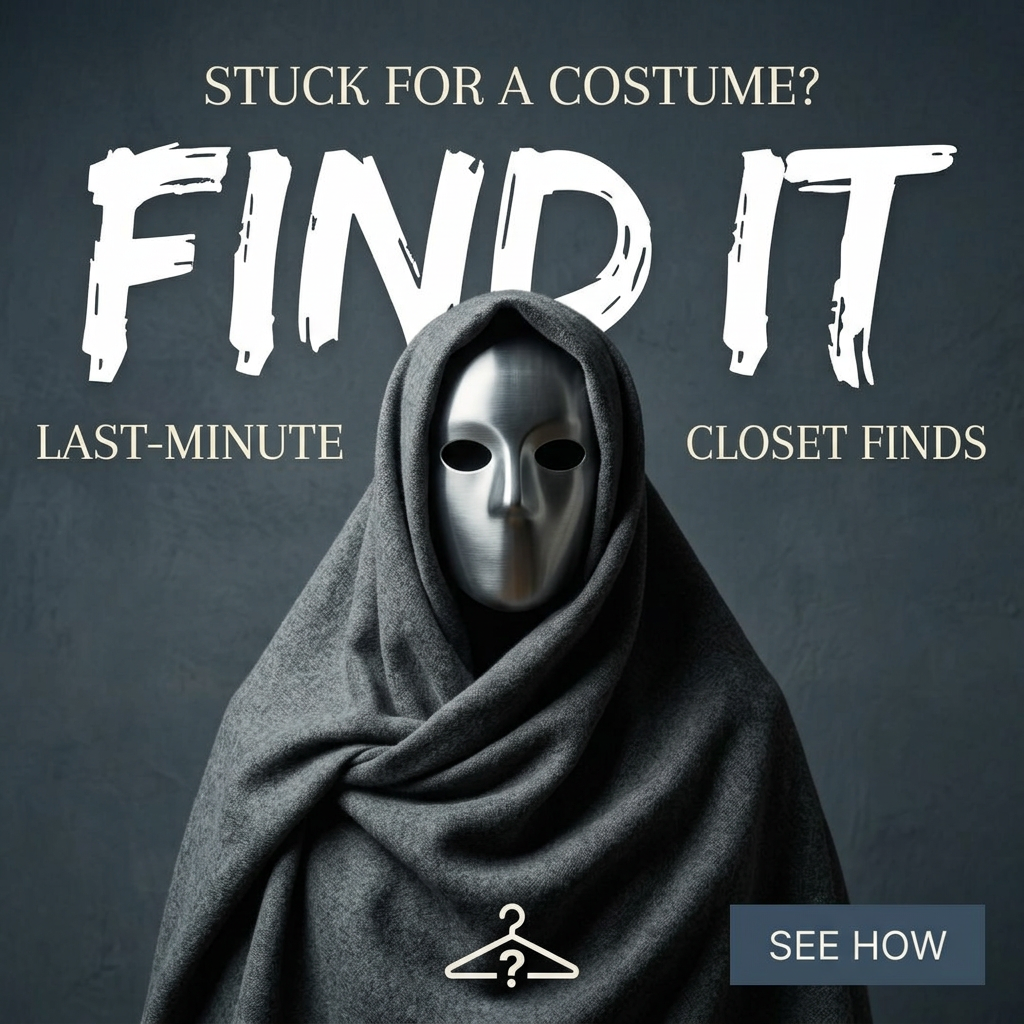 Figure wrapped in a grey wool blanket wearing a silver featureless mask under a large white brush headline Find It