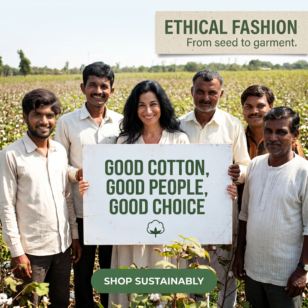 Smiling cotton farmers and a woman holding a sign reading Good Cotton, Good People, Good Choice in a cotton field