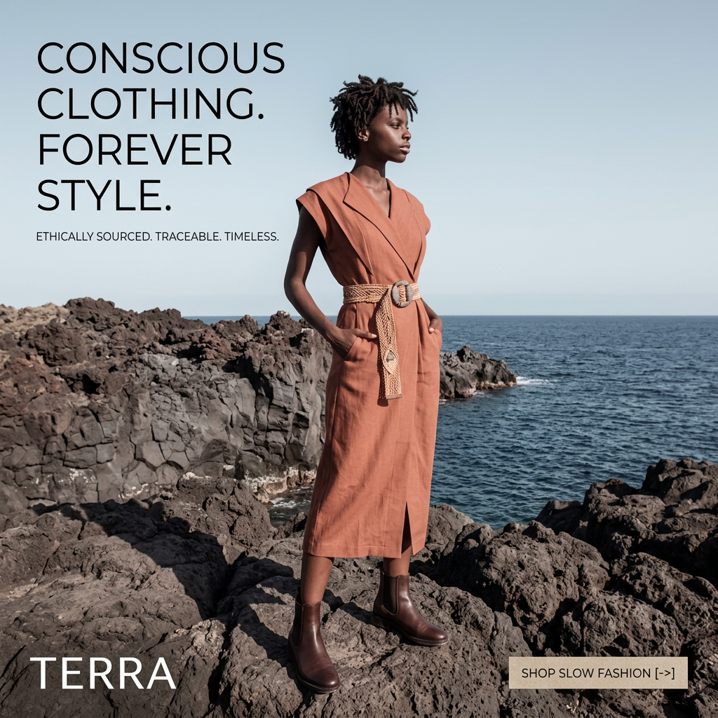Woman in a terracotta linen belted dress and brown boots standing on dark volcanic rocks by the sea