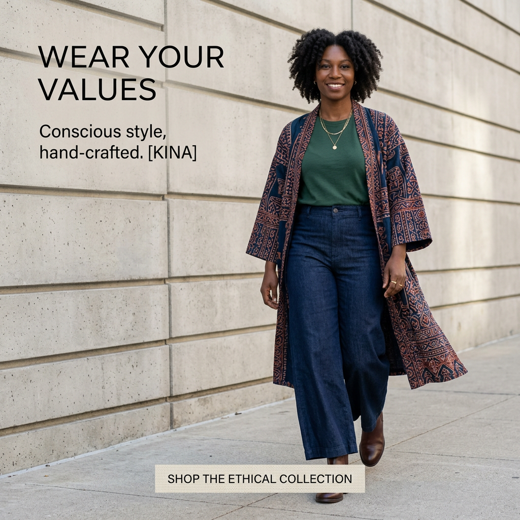 Smiling woman walking on a city sidewalk in a patterned kimono jacket, green t-shirt and wide-leg jeans