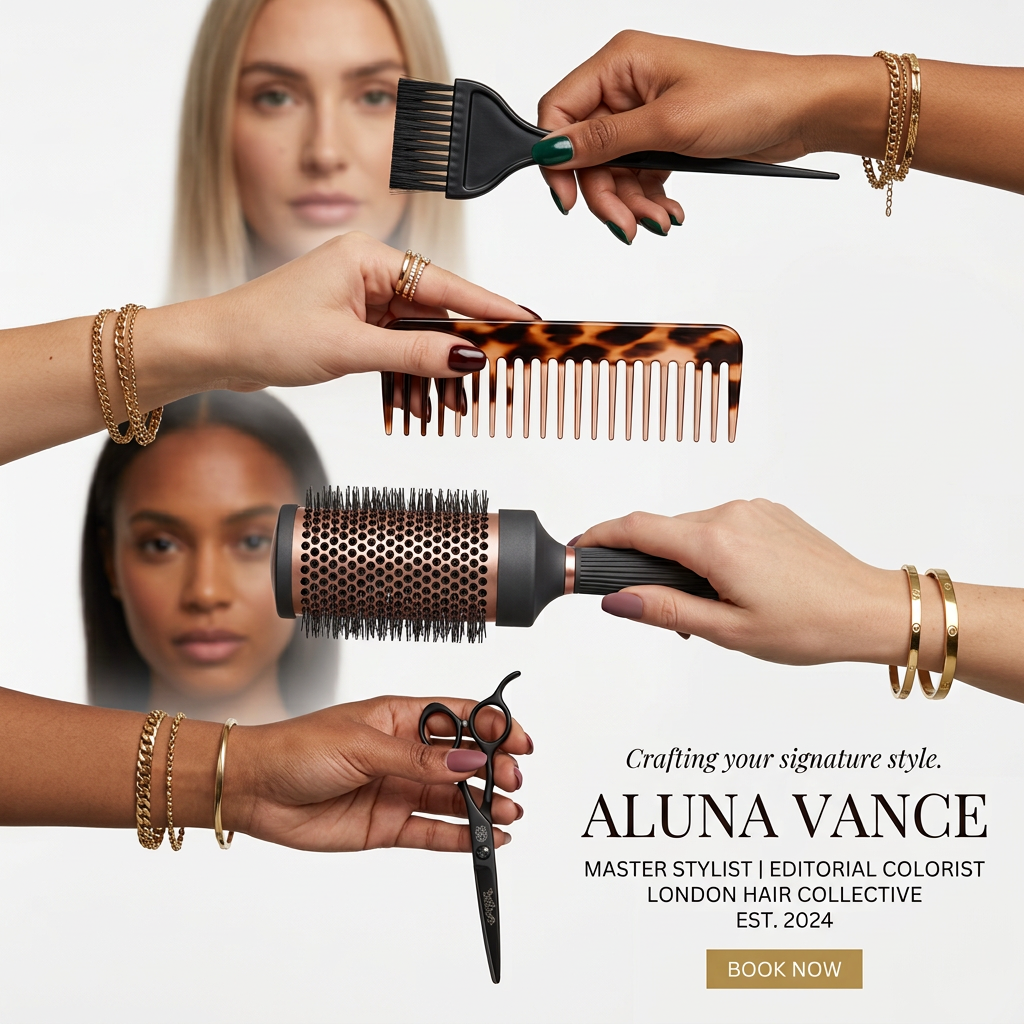 Four hands holding a tint brush, tortoiseshell comb, round brush and shears over two blurred models with salon booking text