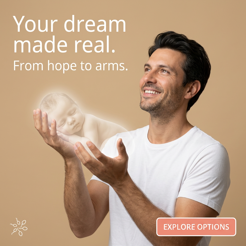 Smiling man in white T-shirt looking up while holding a glowing, translucent sleeping baby on a warm beige background