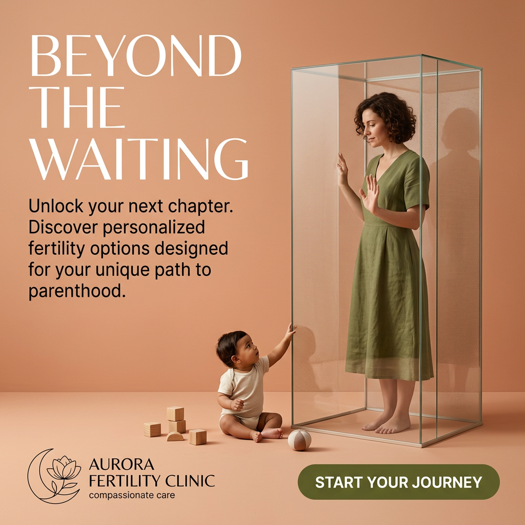 Woman in green dress standing inside a glass box while a baby outside reaches toward her, on a terracotta background