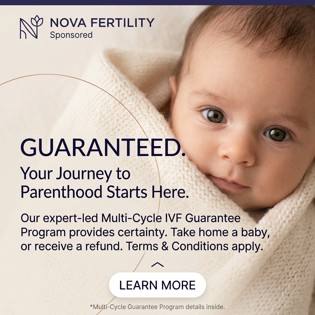 Newborn baby wrapped in a cream knit blanket next to the headline Guaranteed and IVF refund program text