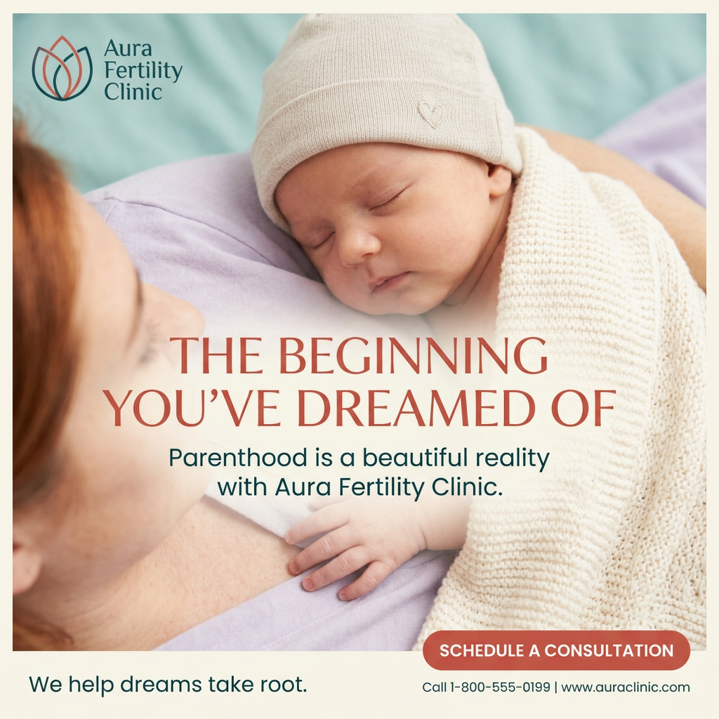 Sleeping newborn in a beige knit hat lying on a red-haired mother's chest, with fertility clinic headline and contact details