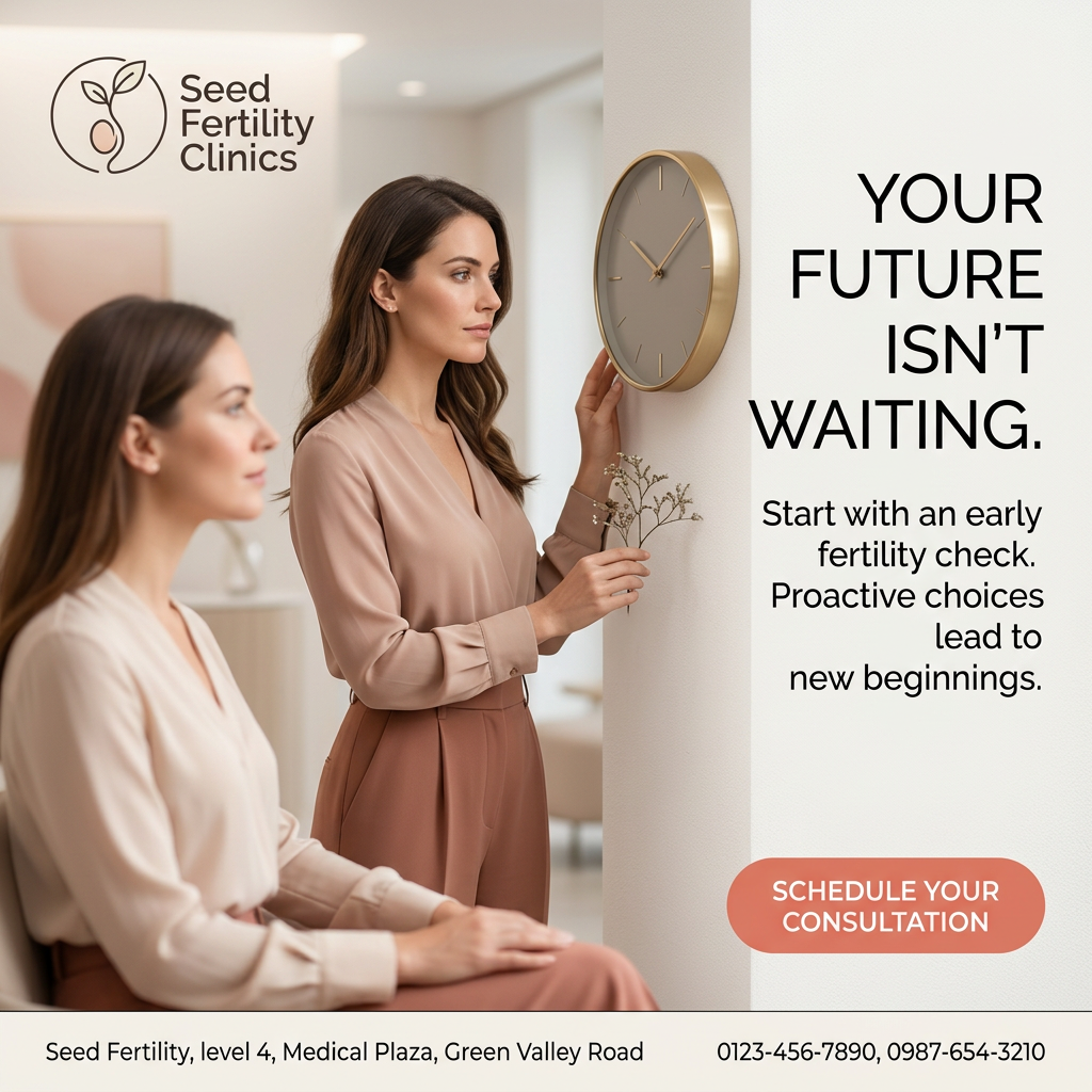 Woman holding dried flowers touches a gold wall clock while another woman waits seated in a soft beige clinic interior
