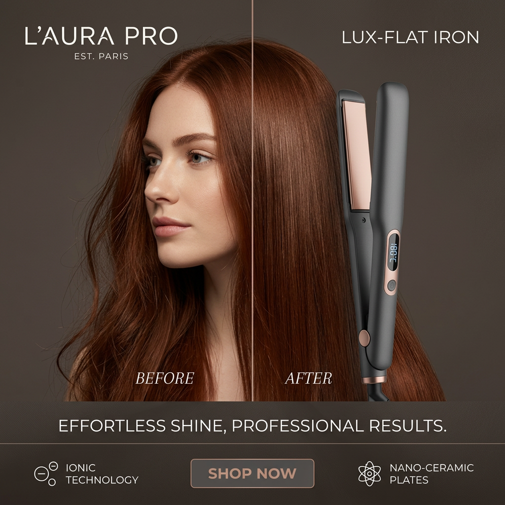 Woman with long red hair split into wavy before and sleek straight after, next to a dark grey flat iron with rose-gold plates