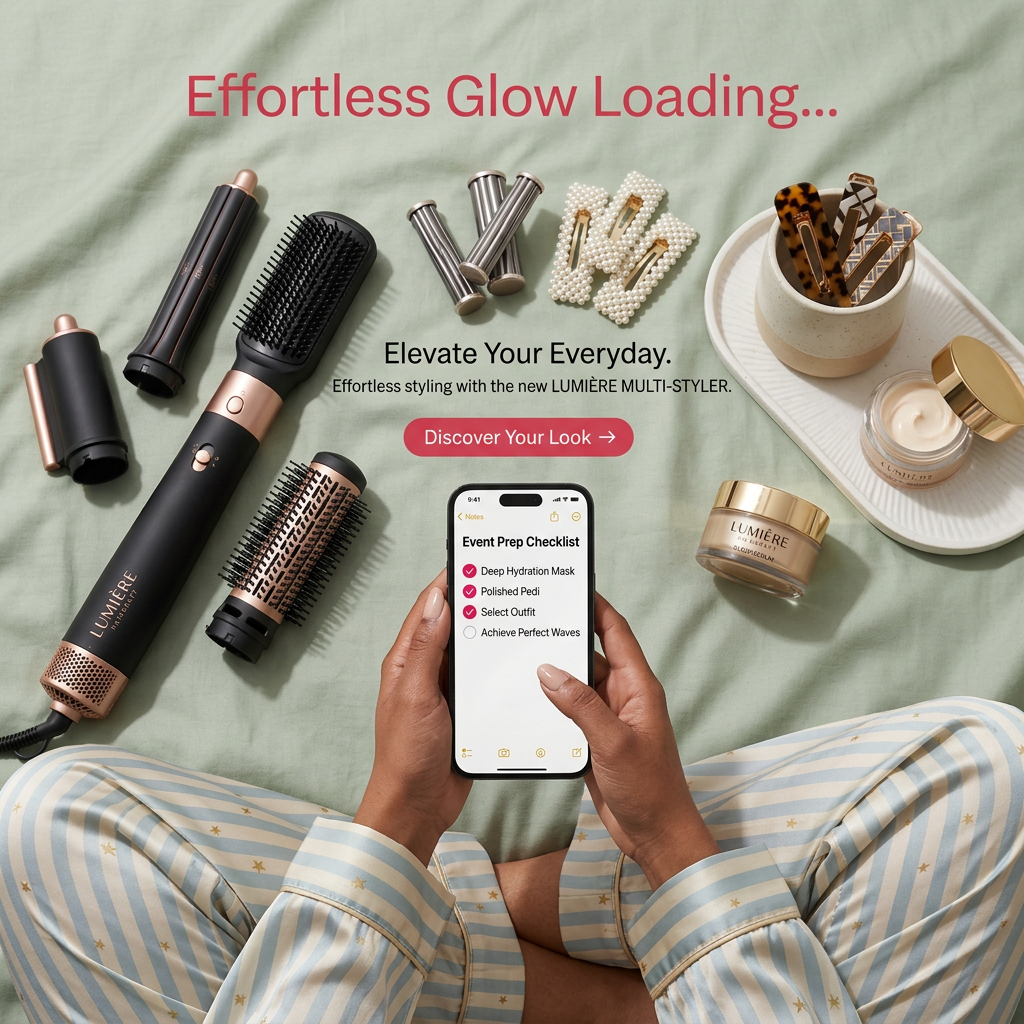 Top-down flat lay of a black multi-styler with attachments, pearl hair clips and creams, with hands holding a phone checklist