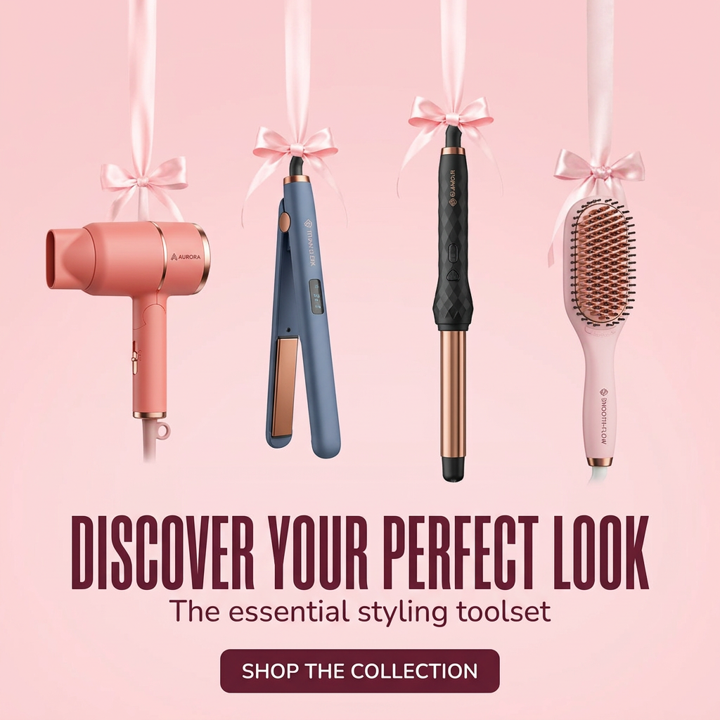 Hair dryer, flat iron, curling wand and smoothing brush hanging from pink satin ribbons with bows on a soft pink background