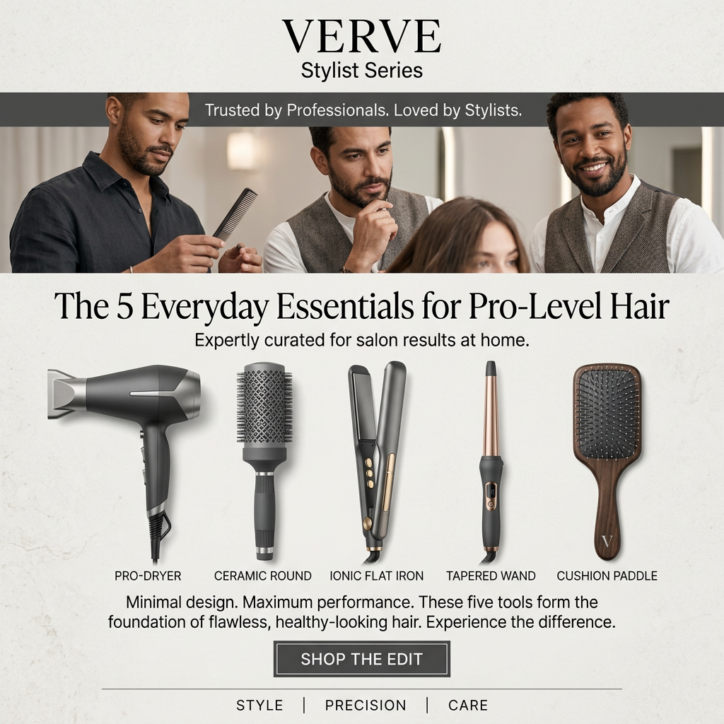 Three male stylists working on a client above five labelled hair tools: dryer, round brush, flat iron, wand and paddle brush