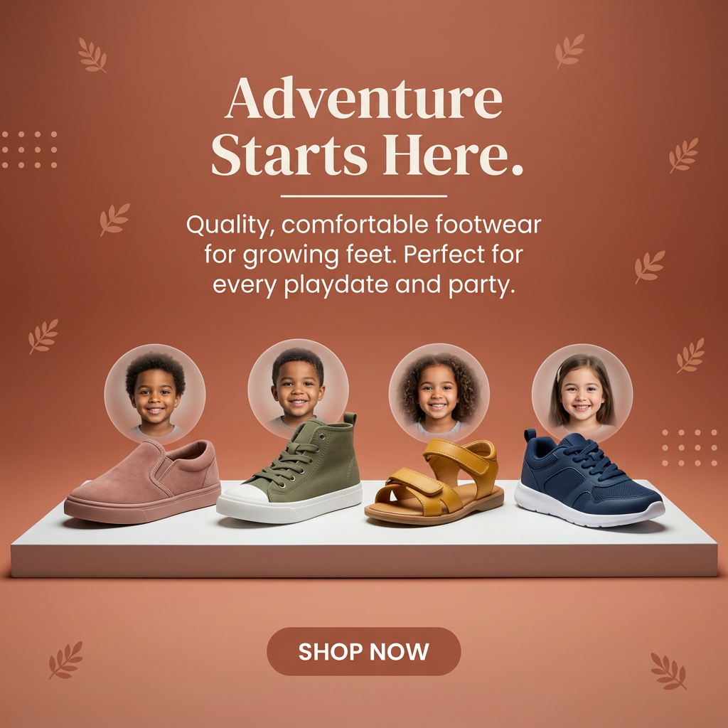 Four kids' shoes – pink slip-on, green high-top, yellow sandal, navy sneaker – on a plinth below child portraits