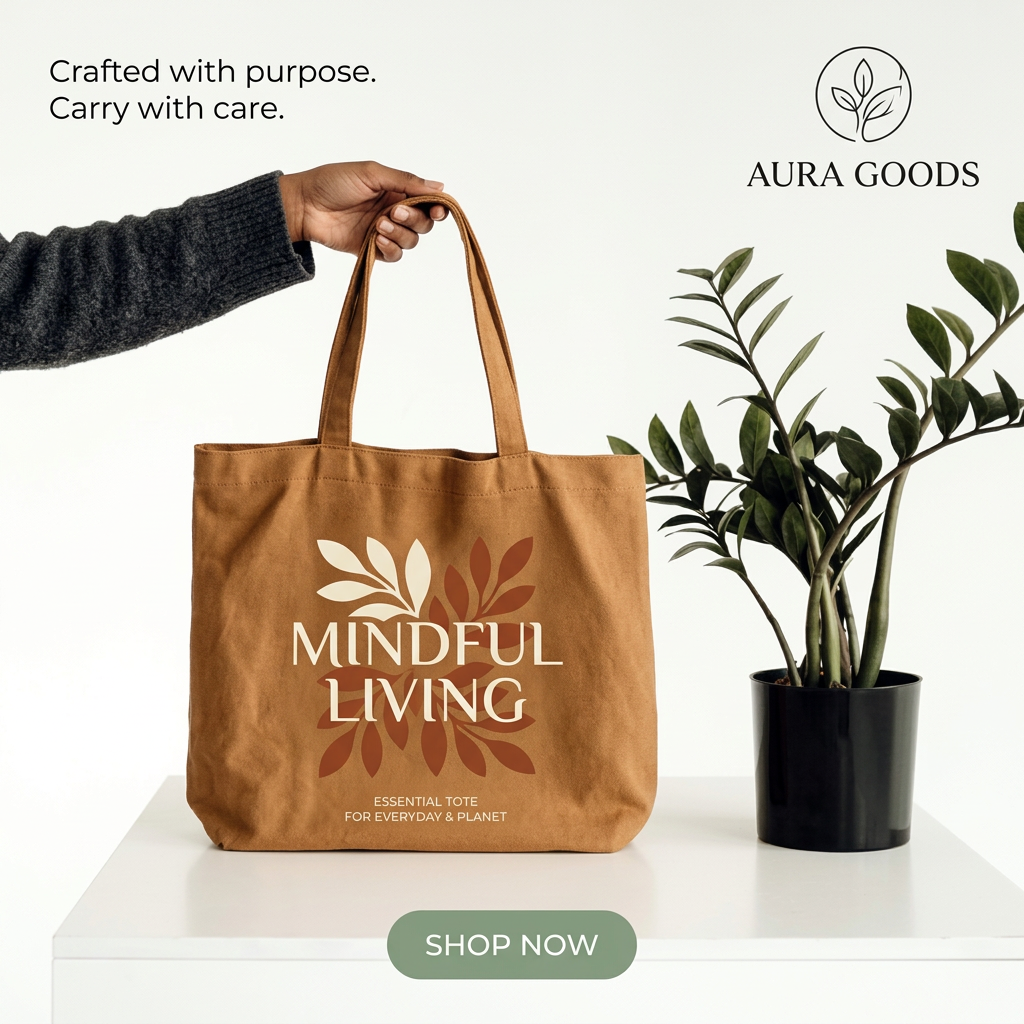 Hand lifting an ochre canvas tote printed 'Mindful Living' beside a potted ZZ plant on a white table