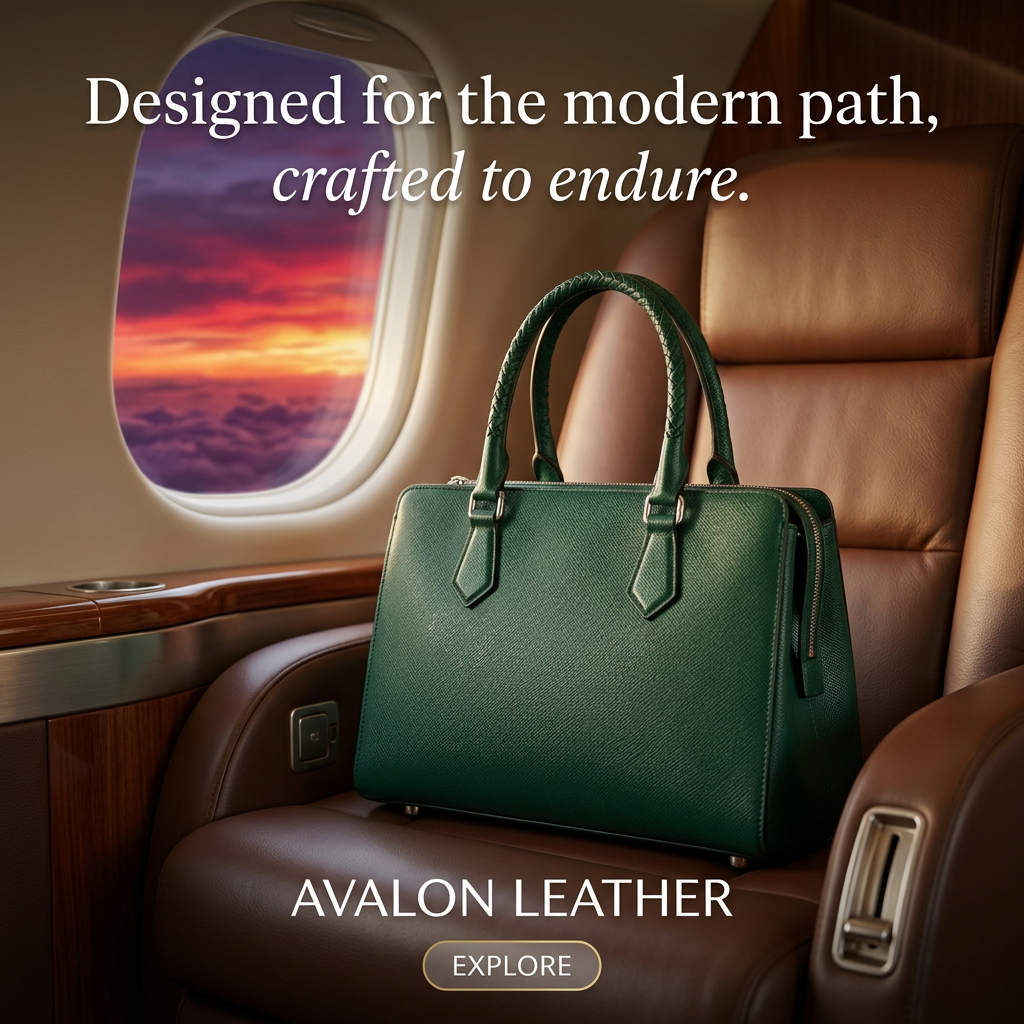 Emerald green structured leather handbag on a brown leather private jet seat next to a window with a sunset sky