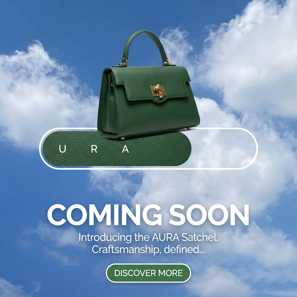 Green pebbled leather satchel sitting on a loading bar filled with matching leather, set against a blue cloudy sky