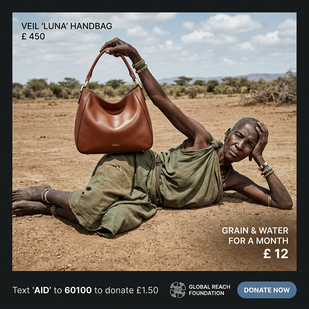 Elderly woman lying on dry, cracked ground holding up a brown leather handbag, with price labels £450 and £12