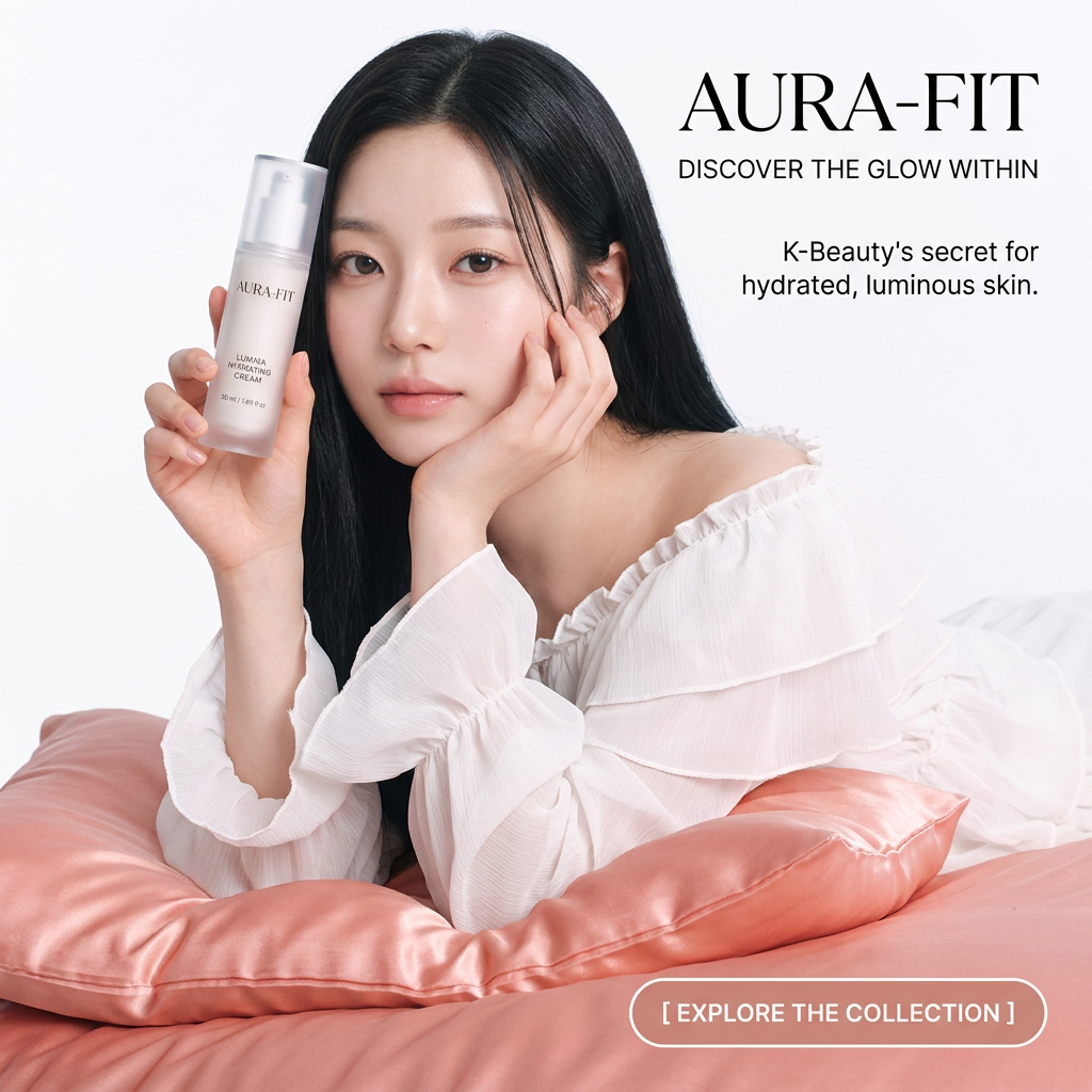Woman with long black hair in a white ruffled blouse holding a hydrating cream bottle, lying on peach satin pillows