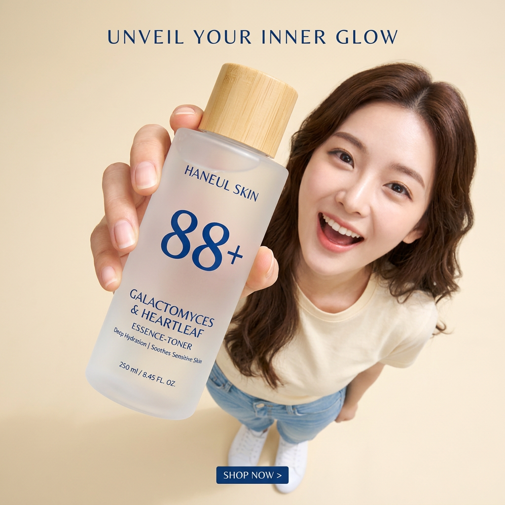 Overhead wide-angle shot of a smiling woman in a cream tee holding a frosted 88+ essence-toner bottle close to the lens