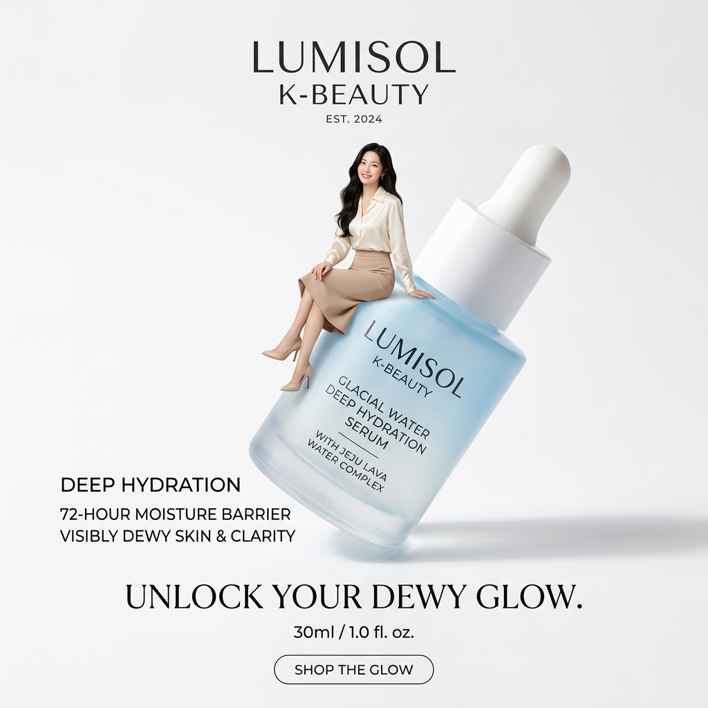 Woman in a cream blouse sitting on a giant tilted blue serum dropper bottle with hydration benefit text on a white background