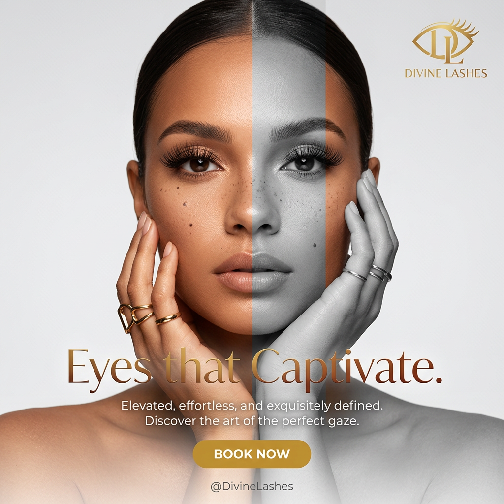 Split-tone portrait of a woman with lash extensions, gold Eyes that Captivate headline and Book Now button