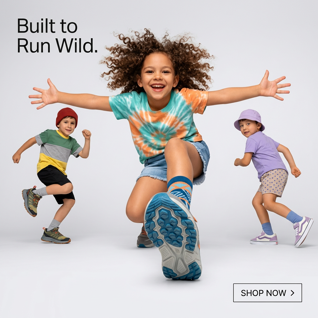 Three kids running and playing in sneakers, one sole close to camera, headline Built to Run Wild and Shop Now button