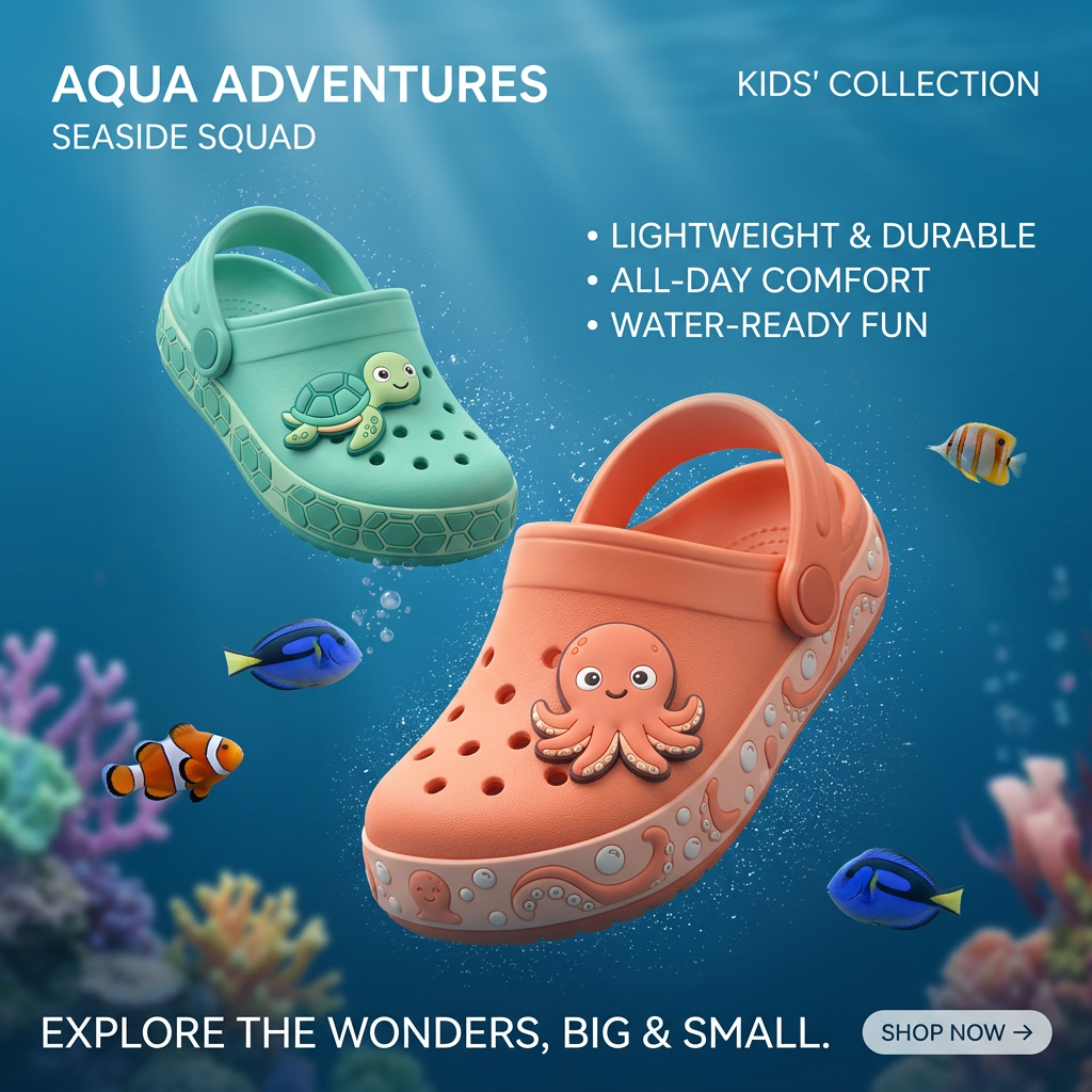 Mint turtle and coral octopus kids' clogs floating underwater among fish, with three feature bullets and Shop Now button