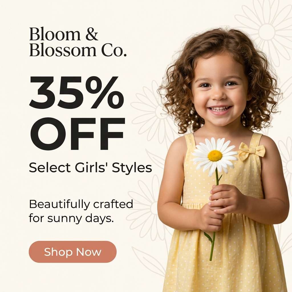 Smiling girl in a yellow dress holding a daisy beside a large 35% OFF headline and Shop Now button