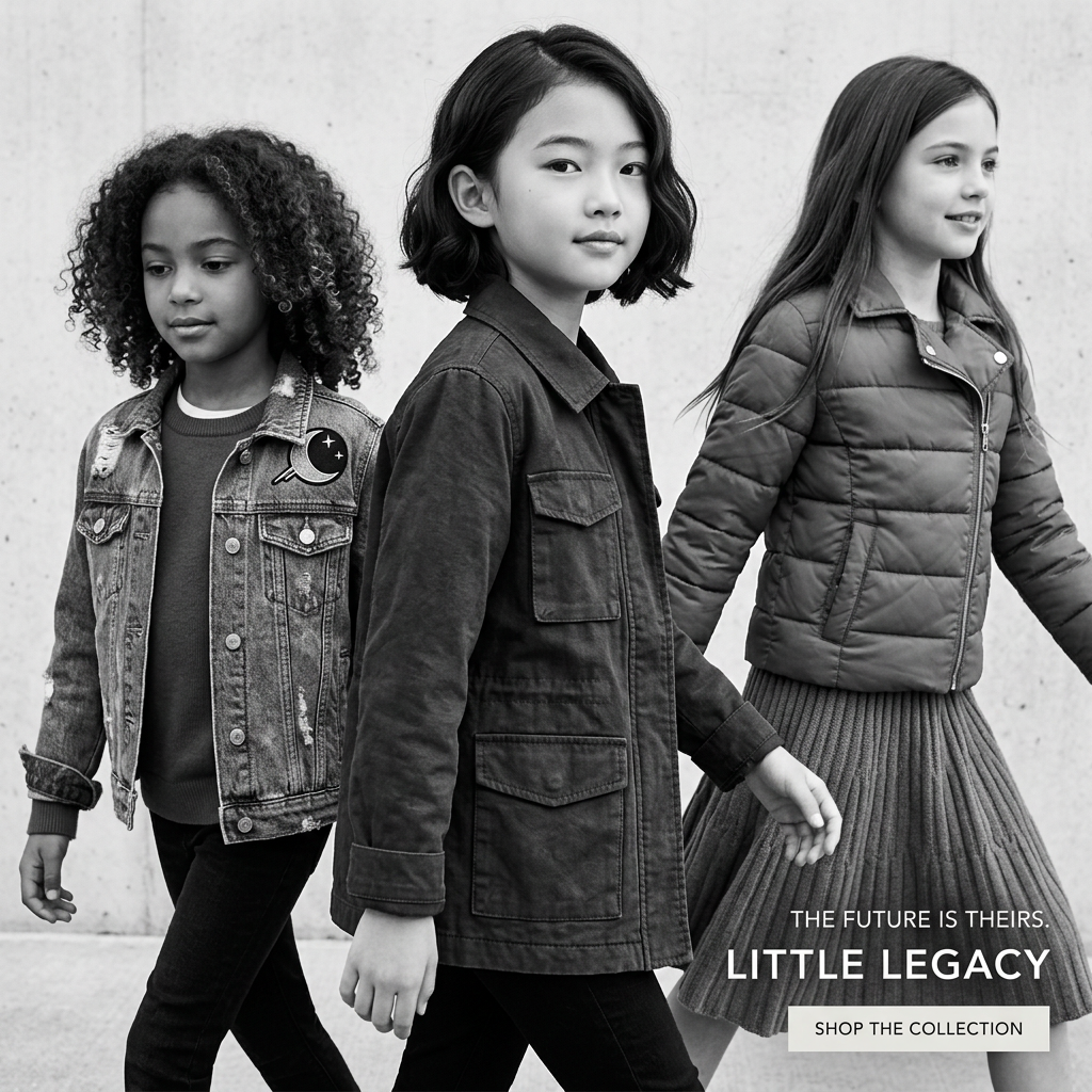 Black-and-white photo of three kids walking in denim, utility and puffer jackets with Little Legacy text and Shop button