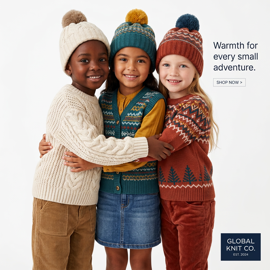 Three smiling kids hugging in knit sweaters and pom-pom beanies on white, with headline and Shop Now button