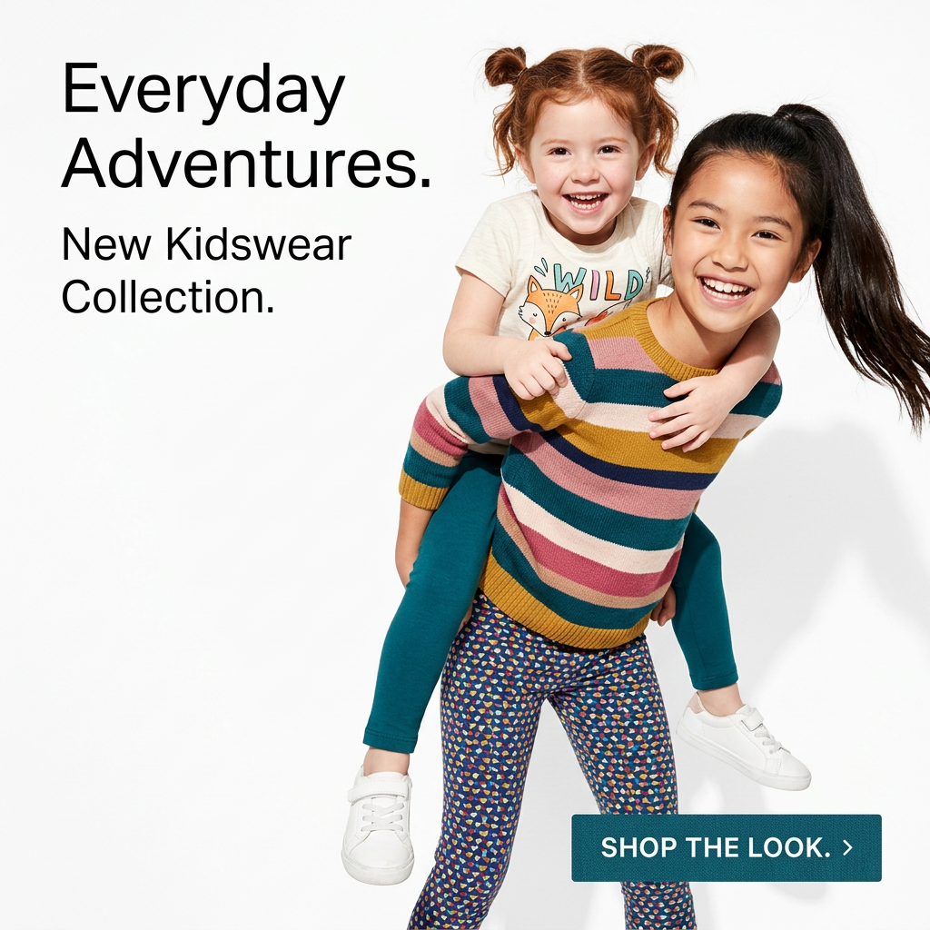 Older girl giving a laughing toddler a piggyback ride in colourful kidswear, with Everyday Adventures headline