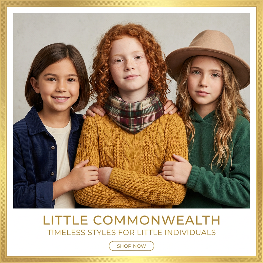 Three kids in a cable-knit sweater, corduroy jacket and green hoodie inside a gold frame with Little Commonwealth text