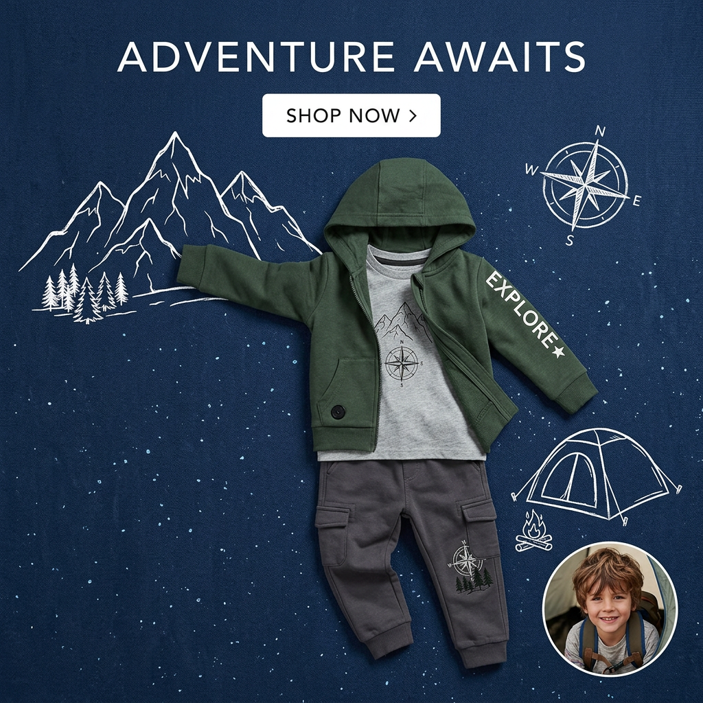 Flat lay of a kids' green hoodie, grey mountain tee and cargo joggers on navy with chalk-style mountains, tent and compass