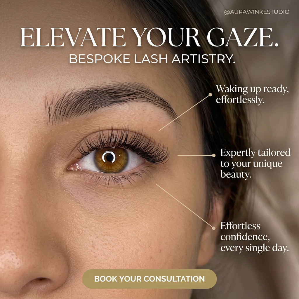 Close-up of a brown eye with lash extensions, three benefit callouts with lines and a Book Your Consultation button